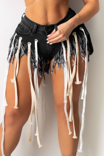 Sexy Solid Tassel Mid Waist Skinny Denim Shorts