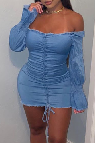 Sexy Casual Solid Draw String Backless Off the Shoulder Long Sleeve Dresses