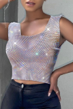 Sexy Solid Patchwork Square Collar Tops