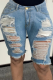 Casual Solid Ripped Mid Waist Skinny Denim Shorts