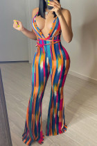 Sexy Casual Striped Print Backless Strap Design V Neck Regular Jumpsuits
