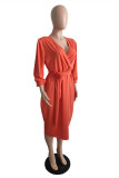 Fashion Casual Solid Strap Design V Neck Long Sleeve Plus Size Dresses