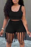 Fashion Casual Solid Tassel U Neck Sleeveless Two Pieces