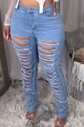 Patchwork Ripped High Waist Regular Denim Jeans