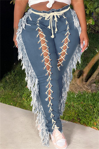 Fashion Casual Solid Tassel Bandage Split Joint High Waist Skinny Denim Jeans