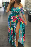 Sexy Print Patchwork Slit Off the Shoulder Straight Dresses