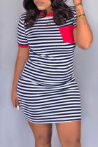 Fashion Casual Striped Print Patchwork O Neck Short Sleeve Dress