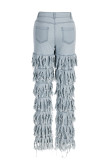 Fashion Casual Solid Tassel Mid Waist Regular Jeans