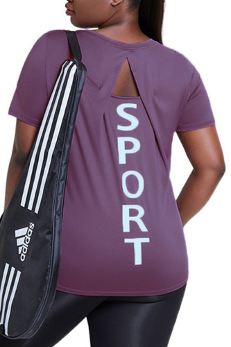 Sportswear Print Hollowed Out Split Joint O Neck Plus Size Tops