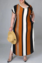 Fashion Casual Plus Size Striped Print Slit V Neck Short Sleeve Dress