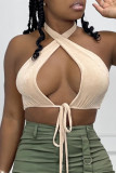 Fashion Sexy Solid Hollowed Out Backless Strap Design Halter Tops