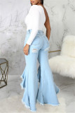Fashion Casual Solid Ripped Asymmetrical High Waist Regular Jeans