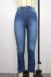 Fashion Casual Solid Bandage Slit Plus Size Jeans