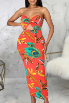 Sexy Print Hollowed Out Strapless Pencil Skirt Dresses