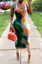 Sexy Tie Dye Hollowed Out Patchwork U Neck Pencil Skirt Dresses