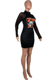 Sexy Casual Print Patchwork See-through O Neck Long Sleeve Dresses