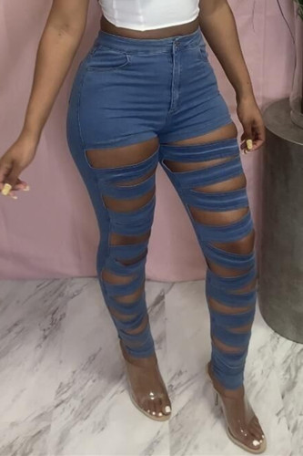 Sexy Casual Solid Hollowed Out High Waist Skinny Denim Jeans