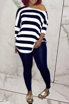 Casual Striped Patchwork O Neck Half Sleeve Two Pieces