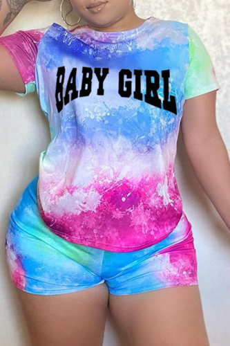 Casual Patchwork Tie-dye Letter O Neck Plus Size Two Pieces