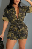 Casual Print Camouflage Print Patchwork Buckle Turndown Collar Straight Rompers