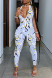 Sexy Print Patchwork Backless Halter Skinny Jumpsuits