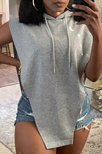 Sexy Solid Draw String Hooded Collar Tops