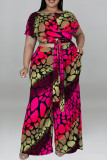Casual Print Bandage Patchwork O Neck Plus Size Two Pieces