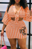 Sexy Print Patchwork V Neck Plus Size Two Pieces