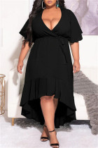 Fashion Casual Solid Bandage Flounce V Neck Irregular Dress Plus Size Dresses