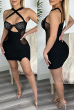 Sexy Patchwork Hot Drilling Hollowed Out See-through Backless Spaghetti Strap Sleeveless Dress