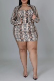 Sexy Animal Print Hollowed Out Cardigan Collar Pencil Skirt Plus Size Two Pieces