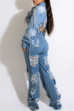 Fashion Casual Solid Ripped Patchwork High Waist Regular Denim Jeans