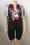 Street Print Tassel Hollowed Out Split Joint V Neck Plus Size Two Pieces