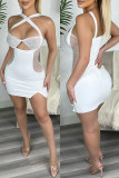 Sexy Patchwork Hot Drilling Hollowed Out See-through Backless Spaghetti Strap Sleeveless Dress