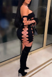 Fashion Sexy Solid Bandage Hollowed Out Backless Off the Shoulder Long Sleeve Dresses