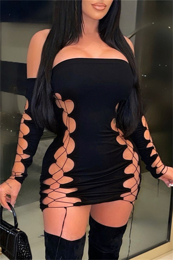 Fashion Sexy Solid Bandage Hollowed Out Backless Off the Shoulder Long Sleeve Dresses