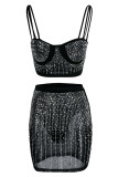 Fashion Sexy Patchwork Hot Drilling See-through Backless Spaghetti Strap Sleeveless Two Pieces