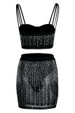 Fashion Sexy Patchwork Hot Drilling See-through Backless Spaghetti Strap Sleeveless Two Pieces
