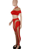 Sexy Solid Patchwork See-through O Neck Short Sleeve Two Pieces