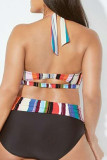 Striped Print Bandage Patchwork Backless Halter Plus Size Swimwear (With Paddings)