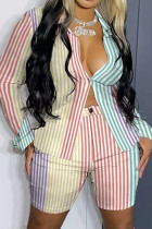 Casual Striped Print Buttons Turndown Collar Plus Size Two Pieces