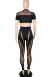 Sexy Solid Patchwork See-through O Neck Short Sleeve Two Pieces