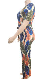 Casual Print With Belt V Neck Plus Size Jumpsuits