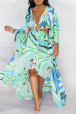 Fashion Sexy Not Positioning Printed Hollowed Out Asymmetrical V Neck Long Sleeve Dresses
