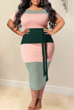 Casual Striped Print Bandage Patchwork O Neck One Step Skirt Plus Size Dresses
