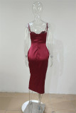 Fashion Sexy Patchwork Solid Hollowed Out Backless Spaghetti Strap Evening Dress