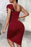 Sexy Solid Flounce One Shoulder Pencil Skirt Dresses