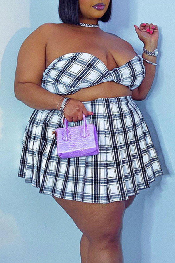 Sexy Plaid Print Patchwork Strapless Plus Size Two Pieces