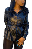 Work Daily Faux Leather Solid With Belt Turndown Collar Tops