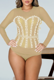 Sexy Solid Pearl O Neck Skinny Bodysuits